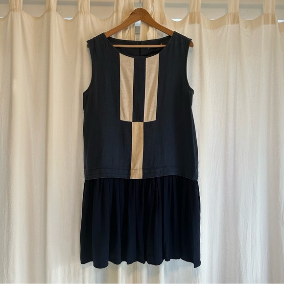 Jennifer Glasglow Dresses & Skirts - JENNIFER GLASGLOW | Blue 100% Linen Dress with White Block Pattern